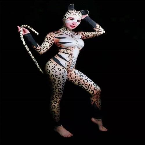T47 Halloween cosplay Leopard jumpsuit stage dance costume printed tights dj sexy leotard tail disco outfit clothes party wears