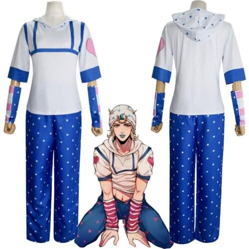 Anime JoJos Bizarre Adventur Johnny Joestar Cosplay Costumes Top Pants Hat Wristband Uniform Full Set Women Men Halloween