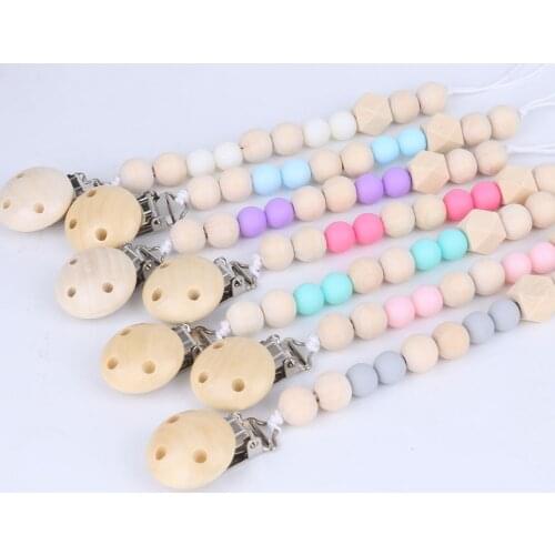 Round Shape Wooden Beads Baby Pacifier Chips Chupetes Cute Pacifier Clip Chain Wooden Holder Leash Strap Nipple Holder Chains
