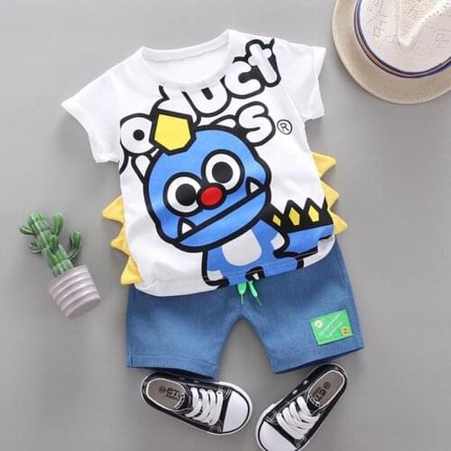 Summer New Style Dinosaur Print Outfit Fashion Trend Boy Kid Casual Clothing Suit 2PCS Cotton T-Shirt Pullover + Denim Pants Set