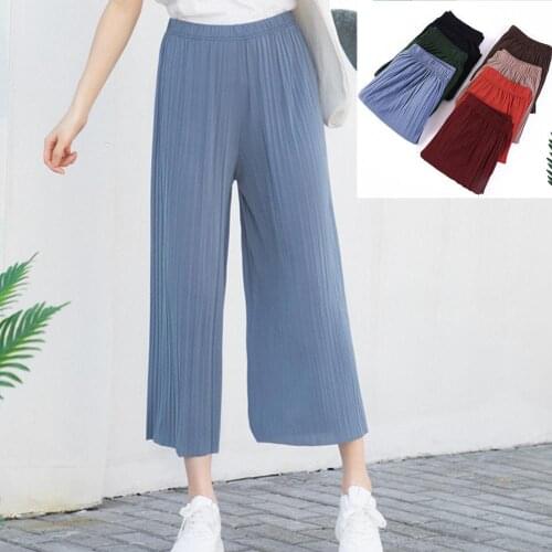 Summer Casual Chiffon Wide Leg Long Pants Cool Women Stripe Drape Pleated Pants Plus size High Waist Big Sizes Candy Color