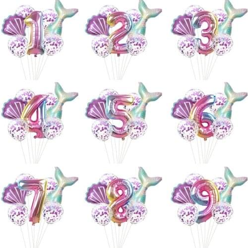 1set Cute Little Mermaid Party Foil Balloons Sets 32inch Number Balloon For Wedding Birthday Decoration Mermaid Tail Shell Balon