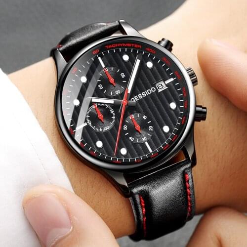 New Chronograph Fashion Men Watches Analog Quartz Wristwatches 30M Waterproof Sport Date Leather Band Watches Montre Homme