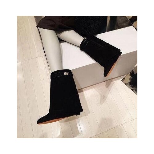 New Arrivals Black Leather Shark Lock Wedge Boots Pointed Toe Silver Button Zip Ankle Boots For Women Motorcycle Autumn Booties