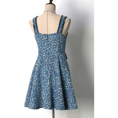 New Blue Holiday Sexy Tweed Dresses Women Summer Elegant Spaghetti Strap Office Lady A-Line Dress Fashion Casual Boho Clothes
