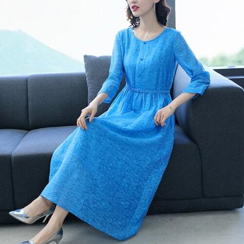 Autumn Casual Vintage Blue Cotton Linen Midi Dresses 2021 Winter 3XL Plus Size Solid Dress Women Elegant Bodycon Party Vestidos