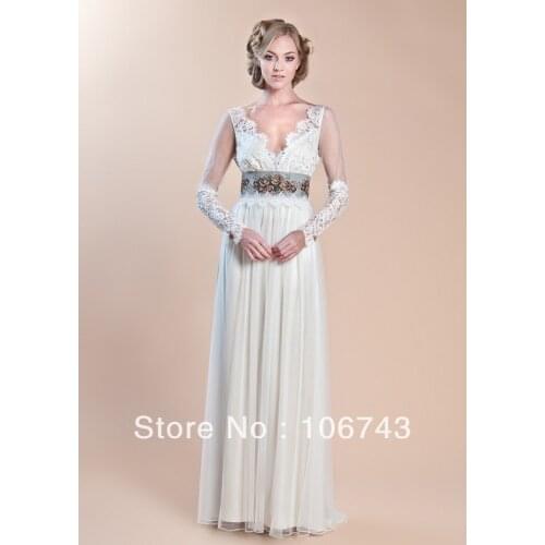 Dress free shipping 2016 Custom Classy Long Bridal Wedding Dress Waist Flowers Lace Yarn Sleeves