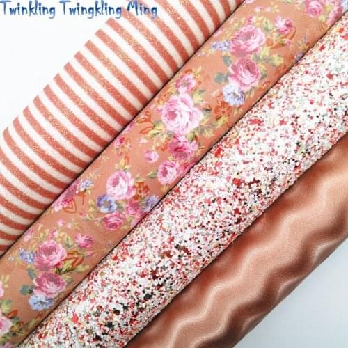 Stripes printed Glitter Leather Fabric , Flowers Printed Faux Synthetic Leather Fabric For Bow 21x29CM Twinkling Ming KM411