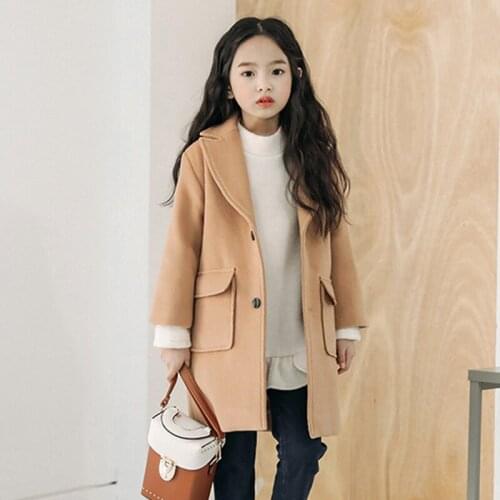 Hot Korean Girls Woolen Jacket Clothes Overcoat Fall & Winter New Teenager Kids Medium-Long Wool Coat Childrens Outerwear P270