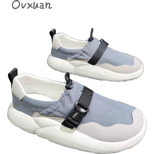 OVXUAN Casual Ankle Boots Comfy Canvas Leather Splicing Belt Buckle Bread Shape Low Top Slip-On Men Shoes Flats Botas Hombre New