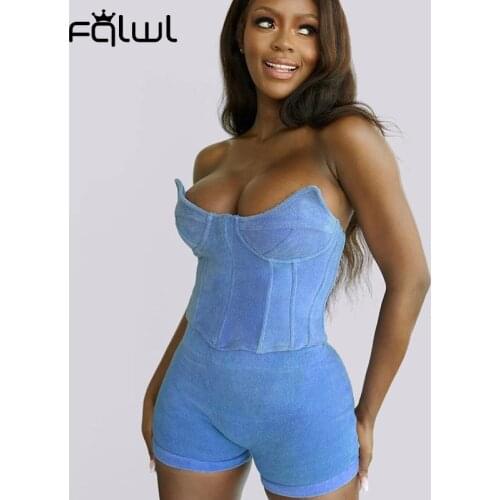 FQLWL Sexy 2 Two Piece Sets Women Outfits 2021 Summer Shorts Backless Crop Top Blue Pants Shorts Set Women Bodycon Matching Sets
