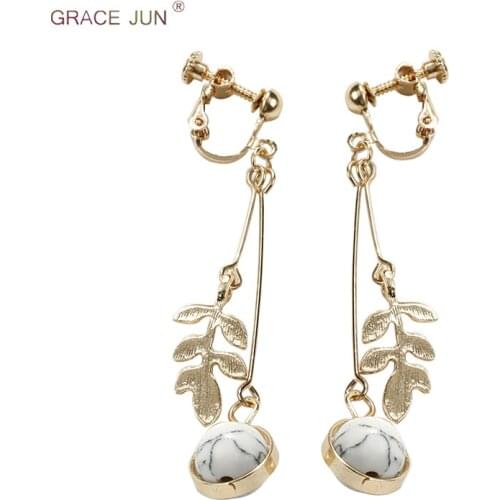 GRACE JUN Vintage Gold Color Screw Clip on Earrings No Pierced for Women Gorgeous Natrual Stone Drop Pierced Earrings Xmas Gift