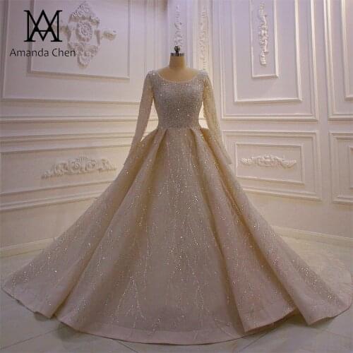 Robe de mariage Long Sleeve Lace Appliques Handwork Pearls Wedding Dress