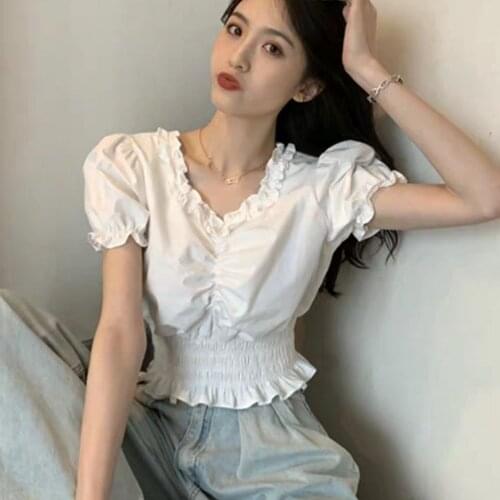 Ruffles Summer Top Women Elegant Blouse White Shirt Vintage Puff Sleeve Tops V Neck Solid Color Cropped Casual