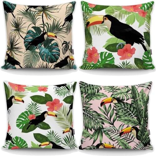 Tropical Palm On Leaves Toucan Bird Motif 4'lü Pillow Decorate Case Set Quality Stylish Home Garden Room Kitchen Gift Useful Colorful