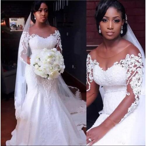 Latest African A-line Wedding Dresses Elegant Long Sleeves Lace Appliques Beads Bridal Gowns vestido de noiva