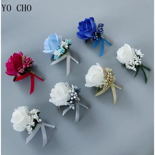 YO CHO Wedding Bouquet Artificial Rose Flowers Blue Brooch Corsages Glitter Rhinestone Ribbon Lace Classic Prom Boutonniere Pins