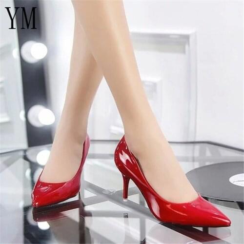 020 Hot Sell Women Shoes Pointed Toe Pumps Patent Leather Dress Red 8CM High Heels Boat Shoes Shadow Wedding Shoes Zapatos Mujer