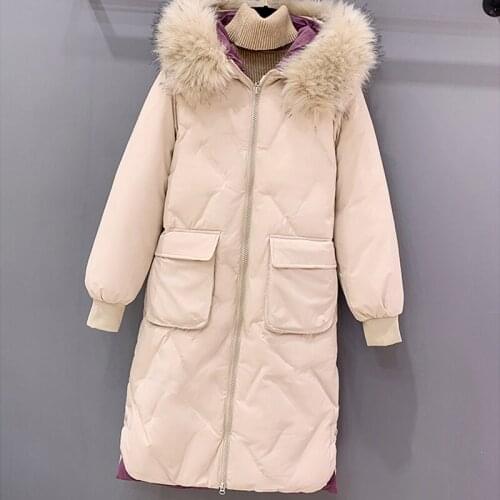 Large Womens Wear Medium Long Down Cotton Clothes 2021 New Korean Fashion Hooded Big Fur Collar Loose Winter Coat Manteau Femme