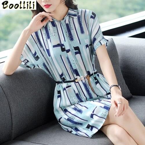 Boollili Dress Women Real Silk Dress Korean Print Midi Beach Dress Summer Dress Elegant Party Dresses Woman Vestidos Mujer