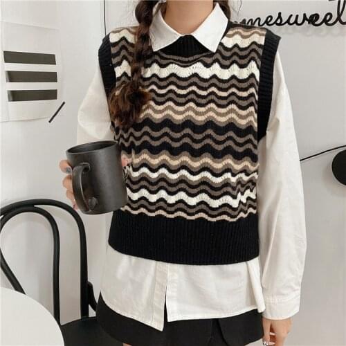 Autumn Vintage Striped Sweater Vest Women V-Neck Knitted Vest Femme Fashion Waistcoat Streetwear Chalecos Para Mujer