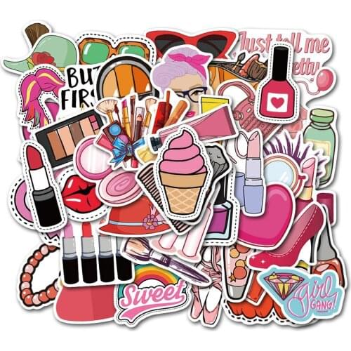50Pcs Makeup Stickers Pink Cosmestic Beauty Decals Pack for Lady Cute Girls Decor Laptop Guitar Helmet Luggage Phone Stationery