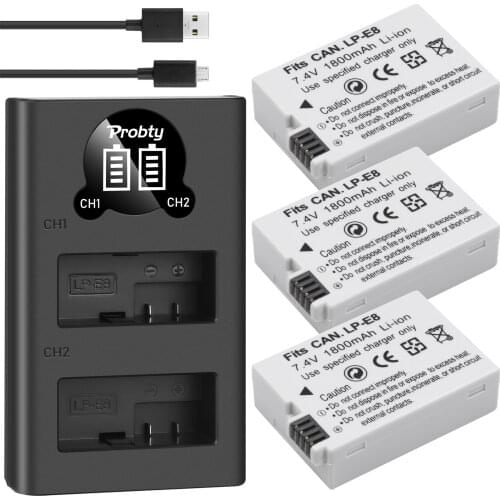 Probty LP-E8 LP E8 LPE8 1800mAh camera Battery + LED Dual Charger For Canon EOS 550D 600D 650D 700D Rebel T2i T3i T4i T5i