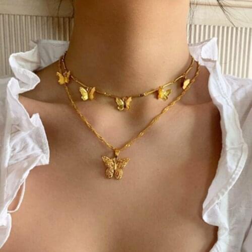 Bohemian Elegant Metal Butterfly Charms Pendant Necklace Women Vintage Double Layer Geometric Clavicle Necklace Jewelry GN72