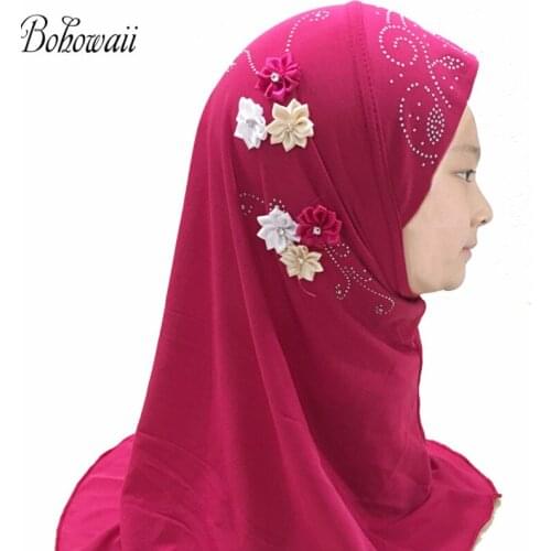 BOHOWAII Instant Hijab Cap Muslim Headscarves Islam Arabe Turbantes Headscarf Turban for Children 2-7 Years Kids Jersey Scarf