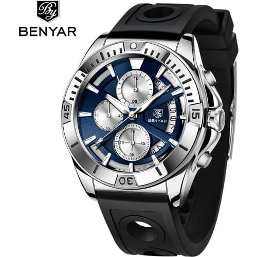 BENYAR Original Mens Stainless Steel Sport WristWatch Waterproof Chronograph Japan Quartz Clocks Luminous Hand Relogio Masculino