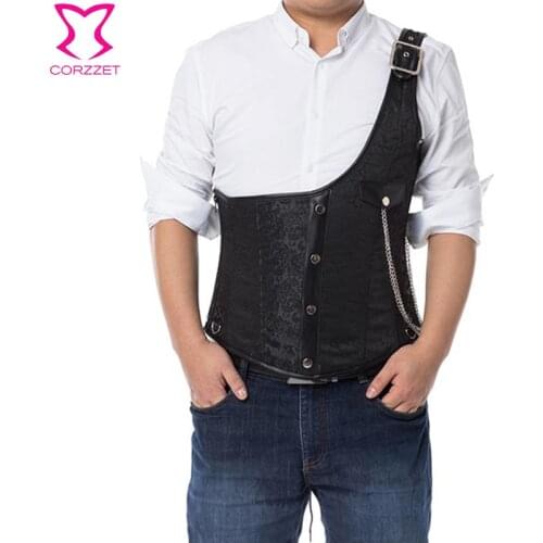 Black Brocade Buckled One-Shoulder Waist Trainer Steel Boned Corset Steampunk Vest Mens Jackets Gothic Waistcoas Vintage Costume