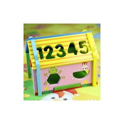 Wooden toy geometry shape digital letters wood house assembled model building toys