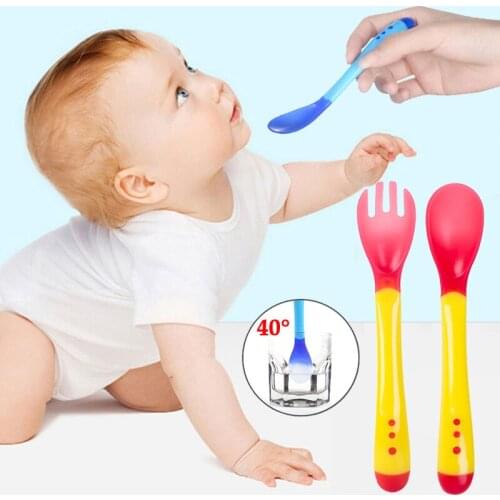 Baby Soft Silicone Spoon Candy Color Temperature Sensing Spoon Children Tableware for Kids Baby Feeding Spoon Fork Cutlery Sets
