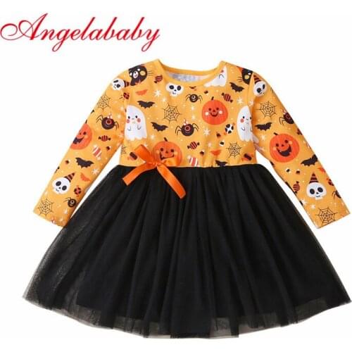 Kids Autumn Baby Dresses Toddler Halloween Pumpkin Print Tulle Dresses Princess Costume For Children Party Dress Clothes