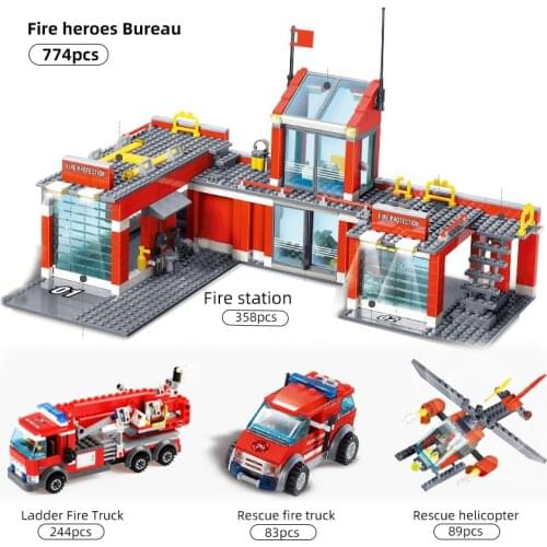City Fire Station Fire Engine Rescue Helicopter Model Building Blocks Firefighter Man Truck Bricks Toys Boys Gift