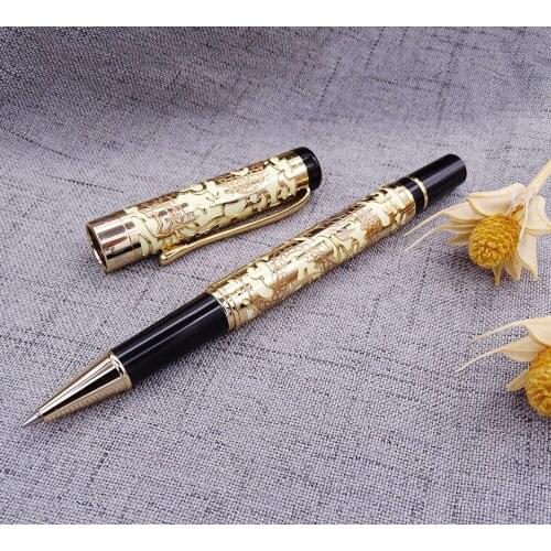 Jinhao 5000 Vintage Luxurious Metal Rollerball Pen Beautiful Dragon Texture Carving, Yellow & Golden Ink Pen for Office Business