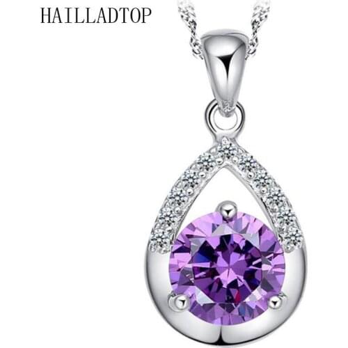 Water Drop Pendent Crystal Pendent Necklace Purple Silver Color Zircon Collares for Women Birthday Gift Silver Plated
