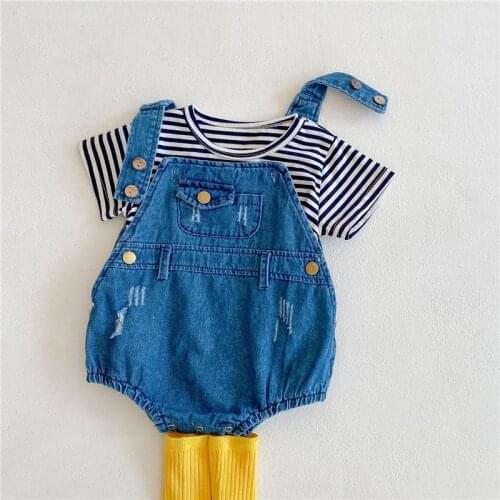Baby Render Blue Jean bodysuit Newborn Korean Heavy Industry Washing Soft Denim Triangle Climbing with striped shirt