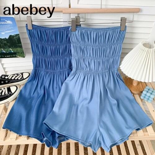 Fashion slash neck sleeveless off shoulder Rompers high waist pleated waist casual Wide Leg Denim Rompers 2021 New Summer