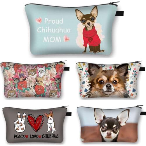 Kawaii Dog Chihuahua Mom Cosmetic Bag Women Makeup Bags Zipper Pouch Girls Cosmetic Case Organizer Ladies Toiletry Lipstick Bag