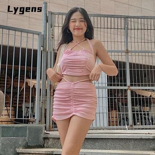 Lygens Crop Tank Top Halter Strap Backless Solid Sleeveless Girls Top Open Waists 2021 Summer Streetwear Pleated Clothing