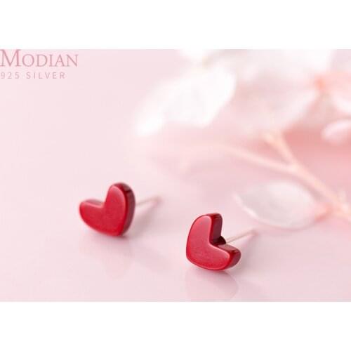 Modian Red Heart Silver Stud Earrings for Women 925 Sterling Silver Fashion Tiny Earings Jewelry Simple Accessories 2020 New