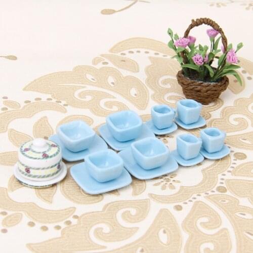 New 16pcs 1/12 Dollhouse Miniature Square Dining Ware Porcelain Tea Set Dish Cup Plate Light Blue Kitchen Toy Dollhouse Decor