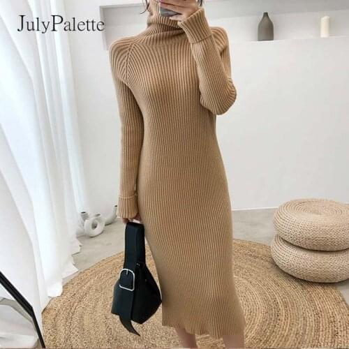 JulyPalette 2021 New Turtleneck Knitted Dress Autumn Winter Thicken Long Sweater Dress Casual Ladies Full Sleeve Jumper Dress
