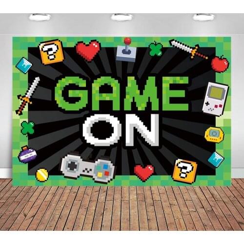Pixel Video Game on Backdrop Level Up Down Retro Vintage Photography Background Cake Table Decoration Kids Boys Birthday Banner