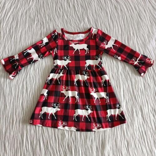 Christmas Day Outfits Toddler Kids Girl Long Sleeve Plaid Deer Design Dress Boutique kids Clothing 3M-16T