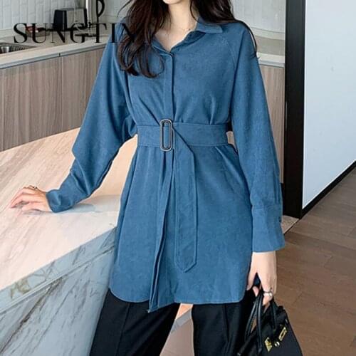 Sungtin Vintage Loose Blouses Women with Belt Fashion Office Lady Shirt Korea Solid Causal Tops Spring Autumn Tie Up Shirt Dress