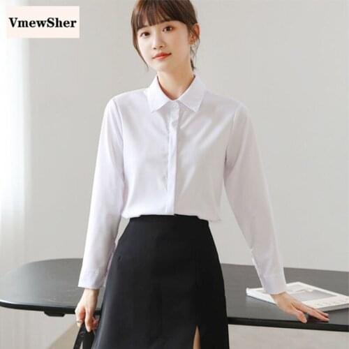VmewSher New Spring Women White Shirts Plain Cover Buttons Casual Office Lady Solid Long Sleeve Turn Down Collar Blouse Tops
