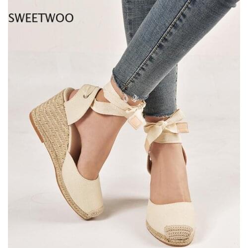 2021 Women Sandals Fashion Narrow Band Women Shoes Ankle Strap Women Wedge Shoes Female Beige Sandals Plus Size 35-43