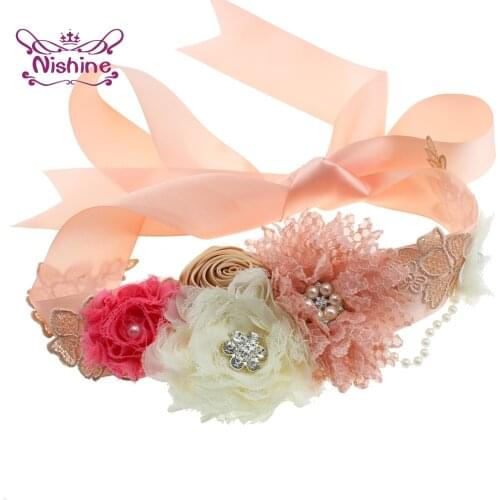 Nishine Women Elegant Lace Flower Sash Boutique Pearls Rhinestone Floral Maternity Belts DIY Dress Accessories Photography Props